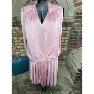 dress pink drop waist satin long sleeve shoulder pads barbiecore